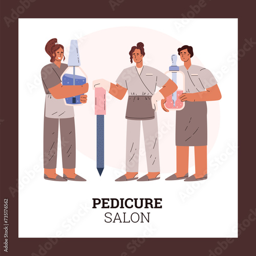 Manicurists or nail artists with huge nail care cosmetic product, cuticle remover bottle, Pedicure salon vector poster