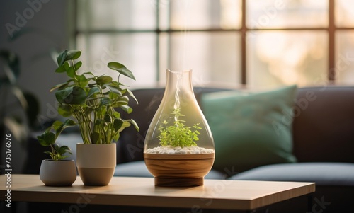 an aromatherapy diffuser with a plant is set up on a table with a glass bowl photo