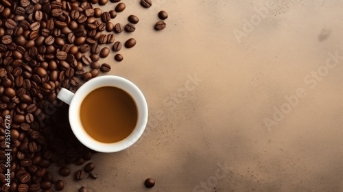 Beautiful minimalistic background with a cup of coffee and coffee beans