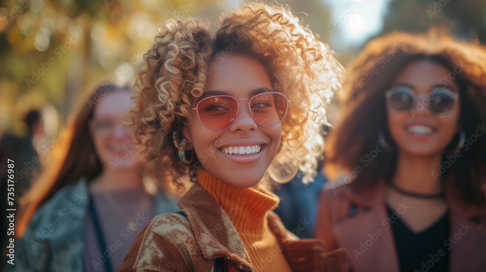 woman walk with A group of friends laughing and chatting as they stroll through a park, focus on one woman in front woman walk with A group of friends laughing and chatting as they stroll through a park, focus on one woman in front