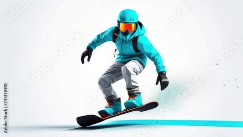 copy space, simple vector illustration, simple colors, Snowboarding, jumping snowboarder in snowy mountains background, Man with snowboard flat style. Winter sport concept. Advertisement for ski vacat