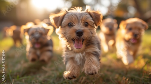A group of adorable puppies romping around in a grassy backyard, their tails wagging and tongues lolling as they chase after toys, capturing the boundless energy and joy of youthful pets.