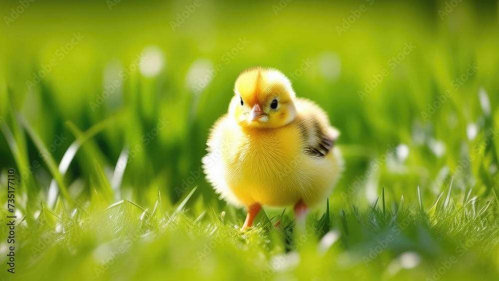A small yellow chicken is sitting in the green grass, a space for text, a banner