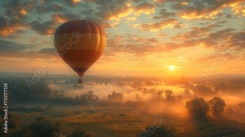 Illustrate a hot air balloon floating gracefully across the sky at sunrise, with passengers enjoying a breathtaking aerial view of the landscape bathed in the soft light of morning. © P