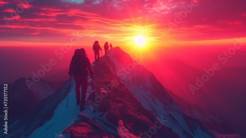Illustrate hikers reaching the summit of a mountain