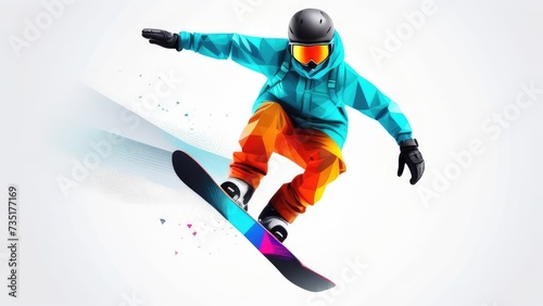 copy space, simple vector illustration, simple colors, Snowboarding, jumping snowboarder in snowy mountains background, Man with snowboard flat style. Winter sport concept. Advertisement for ski vacat