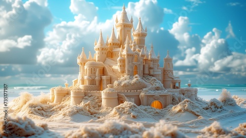Illustrate intricate sandcastle sculptures with turrets, moats, and bridges, showcasing the creativity photo