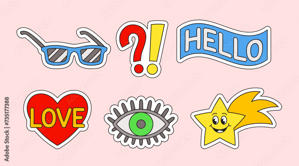 Retro stickers set. Sunglasses, eye and star on fire. Emoji and emotions for social networks. Graphic element for website. Cartoon flat vector collection isolated on pink background