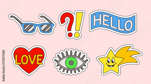 Retro stickers set. Sunglasses, eye and star on fire. Emoji and emotions for social networks. Graphic element for website. Cartoon flat vector collection isolated on pink background