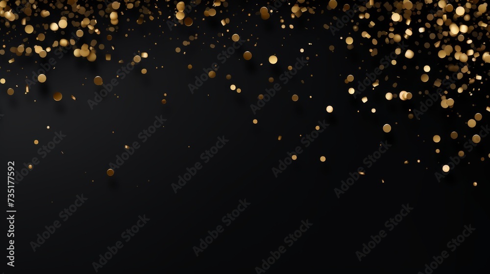 Beautiful abstract black minimalistic background with golden small confetti and lots of space for texts in the center