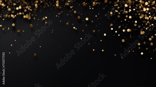 Beautiful abstract black minimalistic background with golden small confetti and lots of space for texts in the center