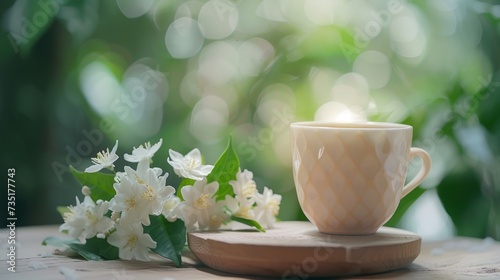 Beautiful minimalistic background with a cup of jasmine tea standing on a wooden table