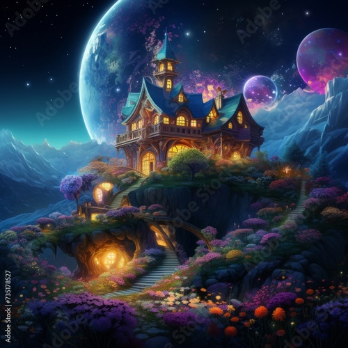 Enchanted Nocturne Solitude of a Fantasy House Under the Starlit Sky