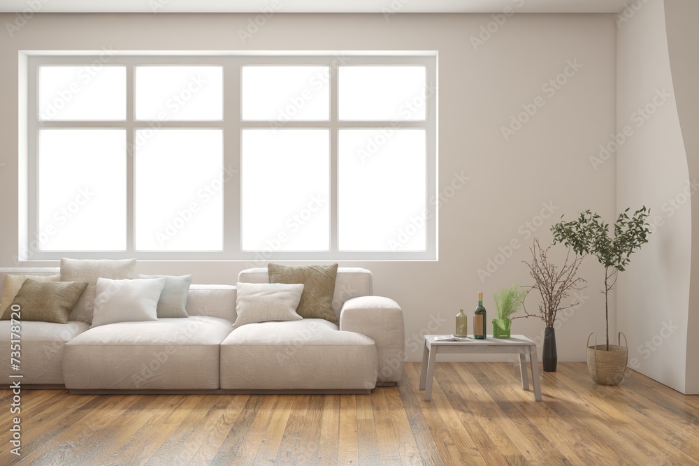 Fototapeta premium White living room with sofa. Scandinavian interior design. 3D illustration