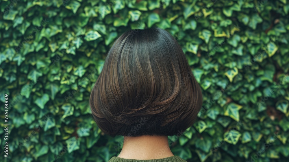 Stylish Female Model with Classic Bob Hairstyle Amidst Green Leaves Stylish Female Model with Classic Bob Hairstyle Amidst Green Leaves
