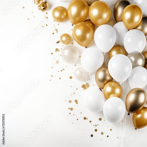 Birthday background with balloons in gold and white colors and with large copyspace area