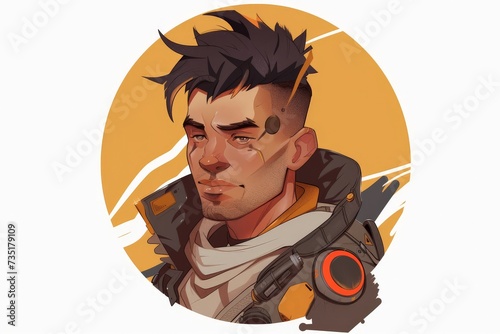 a circle frame portrait of a lunarpunk man, game character, 2d, white background  photo