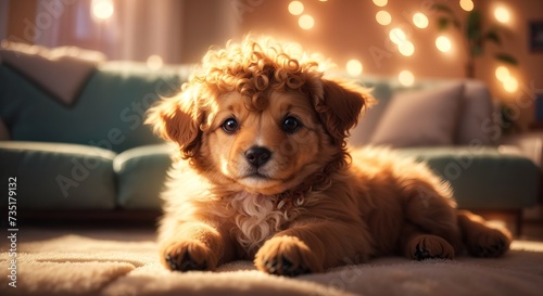 Adorable curly-haired puppy lounges on a sofa