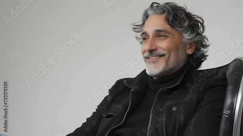 a happy man in a black jacket sitting in a designer chair 