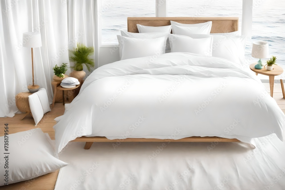 blank white duvet cover in a coastal-style bedroom setting, captured from a top view perspective, bright colors to evoke a sense of airy relaxation and seaside tranquility