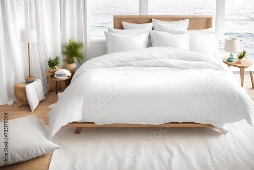 blank white duvet cover in a coastal-style bedroom setting, captured from a top view perspective, bright colors to evoke a sense of airy relaxation and seaside tranquility