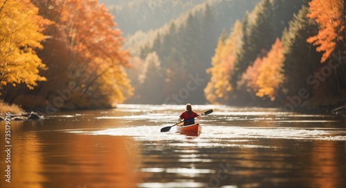 Solo kayaker paddles through lake