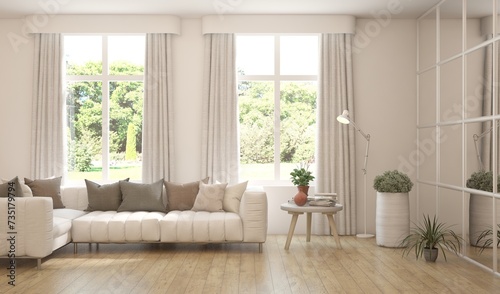 White living room with sofa and summer landscape in window. Scandinavian interior design. 3D illustration