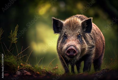 Wild boar (Sus scrofa), common wild or Eurasian wild pig in nature. They are digging and They are looking for food in the meadow. Generative AI