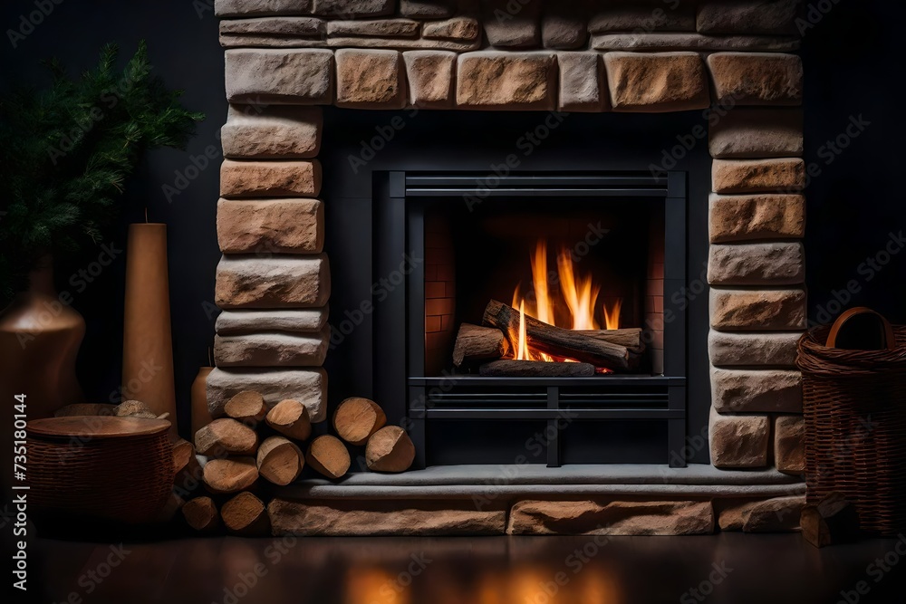 Naklejka premium photo of a cozy fireplace with stonewall