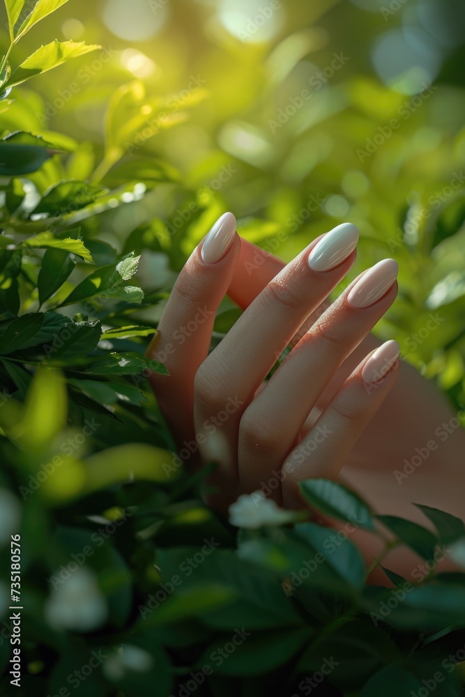 Female hands with French manicure among green grass Female hands with French manicure among green grass