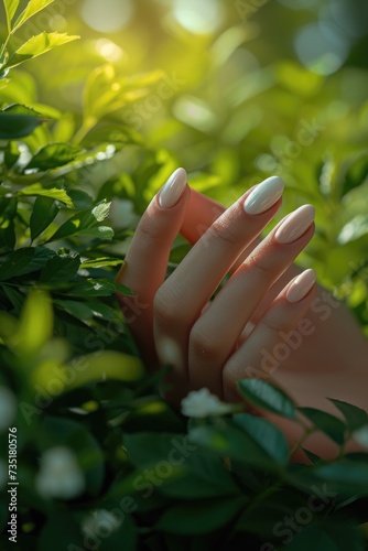 Female hands with French manicure among green grass