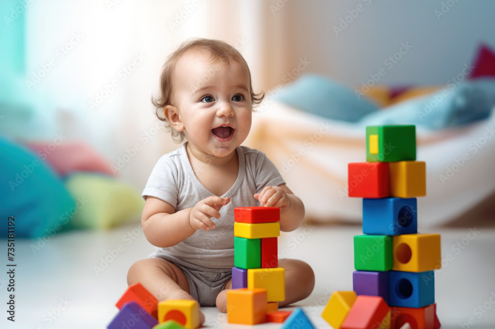 Happy child playing with blocks. Fostering creativity and learning through joyful toddler exploration, building foundations for education and development Happy child playing with blocks. Fostering creativity and learning through joyful toddler exploration, building foundations for education and development