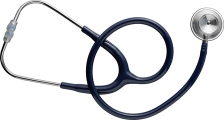 Navy blue medical stethoscope flat lay isolated on transparent background