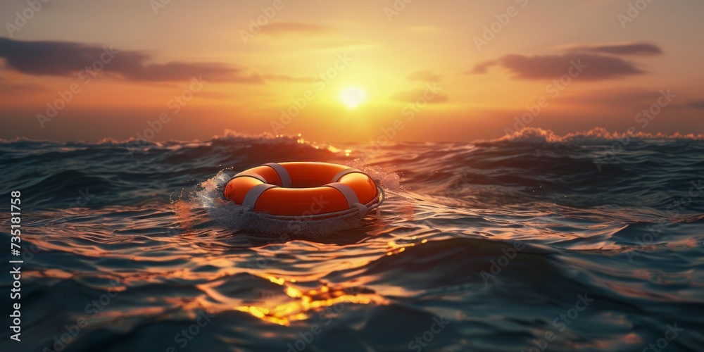 Rescue or lifeguard equipment with a rope floating in the sea. Sunset in background. Savior day. Rescue or lifeguard equipment with a rope floating in the sea. Sunset in background. Savior day.
