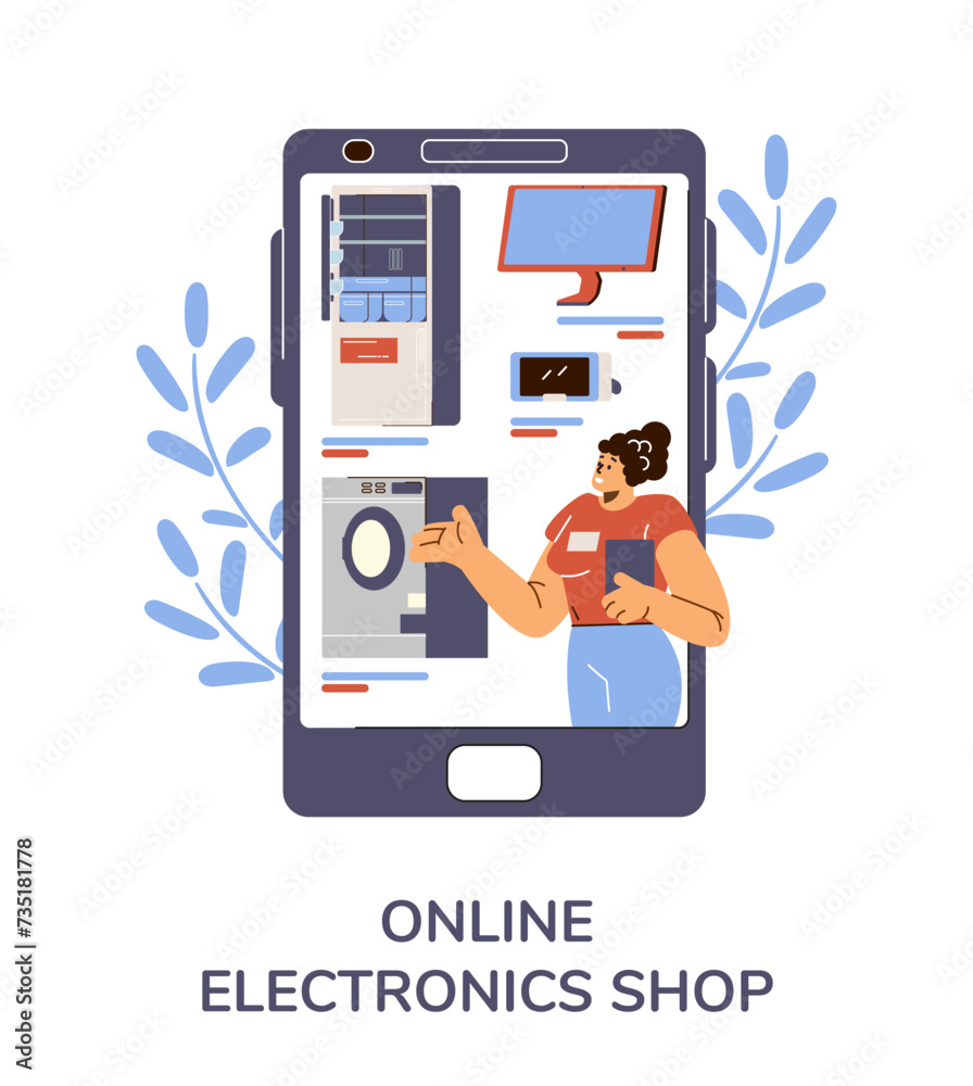 Online electronics shop, digital technology on smartphone screen, market application and modern retail vector poster Online electronics shop, digital technology on smartphone screen, market application and modern retail vector poster