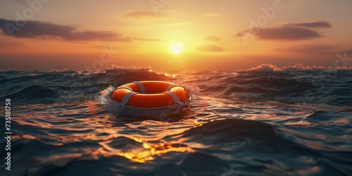 Rescue or lifeguard equipment with a rope floating in the sea. Sunset in background. Savior day.