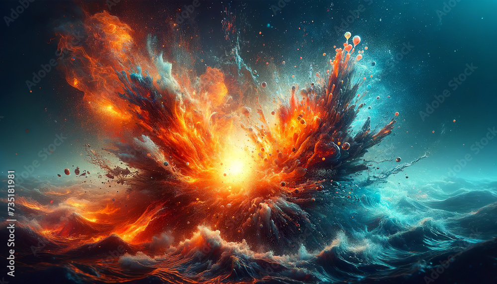 A dramatic explosion of fire and water, merging to create a vibrant abstract scene resembling a cosmic event with fiery hues and cool blue tones.AI generated.