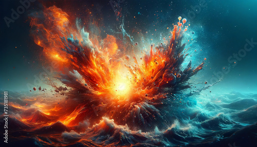 A dramatic explosion of fire and water, merging to create a vibrant abstract scene resembling a cosmic event with fiery hues and cool blue tones.AI generated.