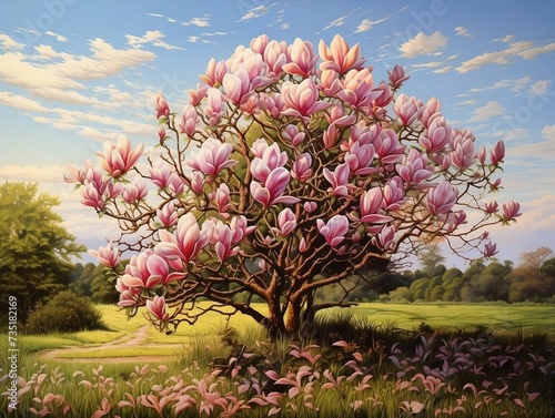 Magnolia tree with pink flowers photo