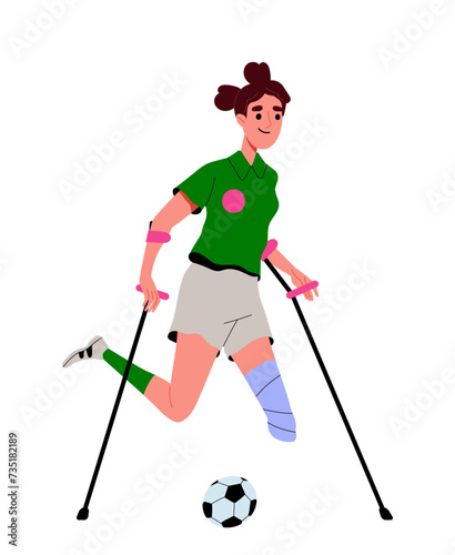 Sport activity concept. Woman at sticks play in football. Active lifestyle and leisure, sports. Template and layout. Cartoon flat vector illustration isolated on white background