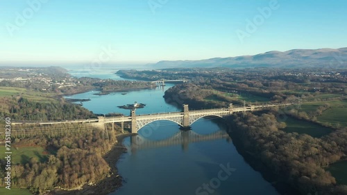 Aerial view of Britannia and Menai bridges in Wales over the Menai strait on a sunny day