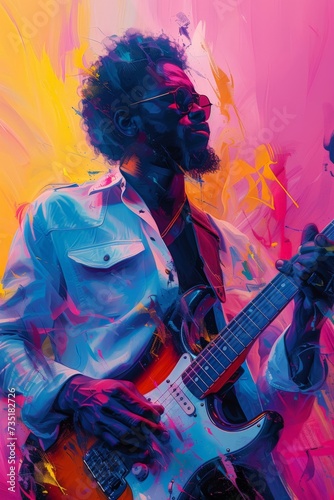 man play big guitar on an abstract jazz event poster, pastel colors  
