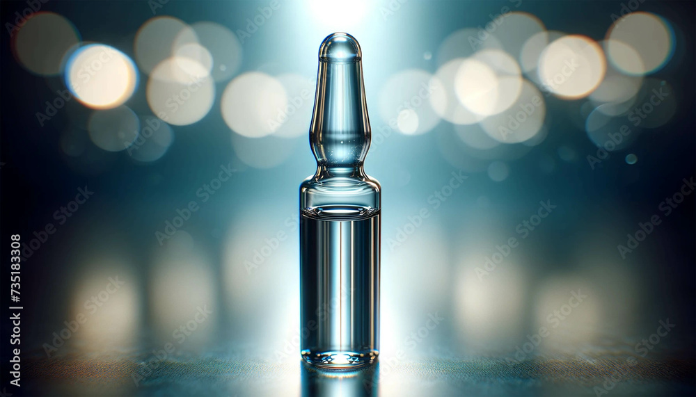 Horizontal photorealistic image of one medical ampoule located in the center. The ampoule containing the clear medicine is highly detailed, highlighting its smooth glass structure and sealed tip. Horizontal photorealistic image of one medical ampoule located in the center. The ampoule containing the clear medicine is highly detailed, highlighting its smooth glass structure and sealed tip.