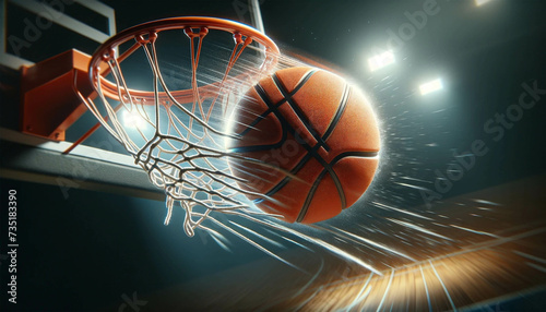 An image of a basketball hitting the hoop and breaking the net. Basketball close-up.