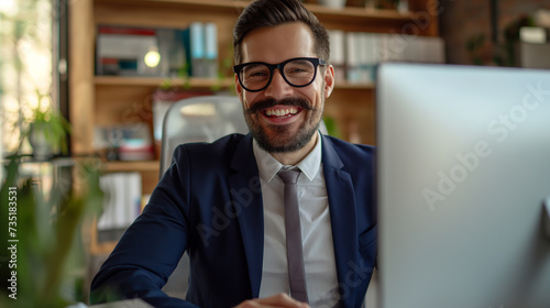 Retrato de empresário sorridente sentado à mesa no escritório. Empresário de óculos e sorrindo.