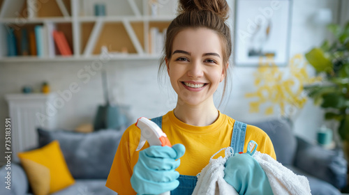 mulher jovem e bonita com luvas de borracha segurando produtos de limpeza e sorrindo para a câmera photo