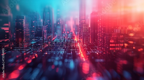 Calcul informatique, technologie et intelligence artificielle, dans le style des paysages urbains, rouge clair et indigo, conception de page innovante.