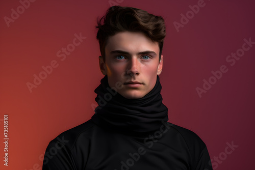Colorful studio portrait of a young man wearing cold weather clothes to keep him warm. Autumn or winter outfit. Bold, vibrant and minimalist. Generative AI photo