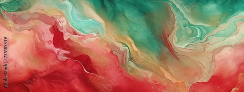 Abstract Red and green watercolor paint background and golden lines, with liquid fluid marbled paper texture banner texture