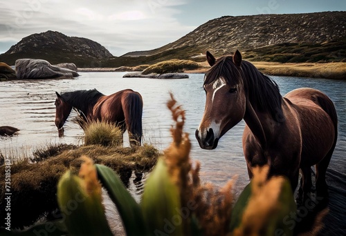 Wild horses at the Botrivier (Botriver) Estuary at Rooisand Nature Reserve. Kleinmond, Whale Coast, Overberg. Western Cape. South Africa. Generative AI photo